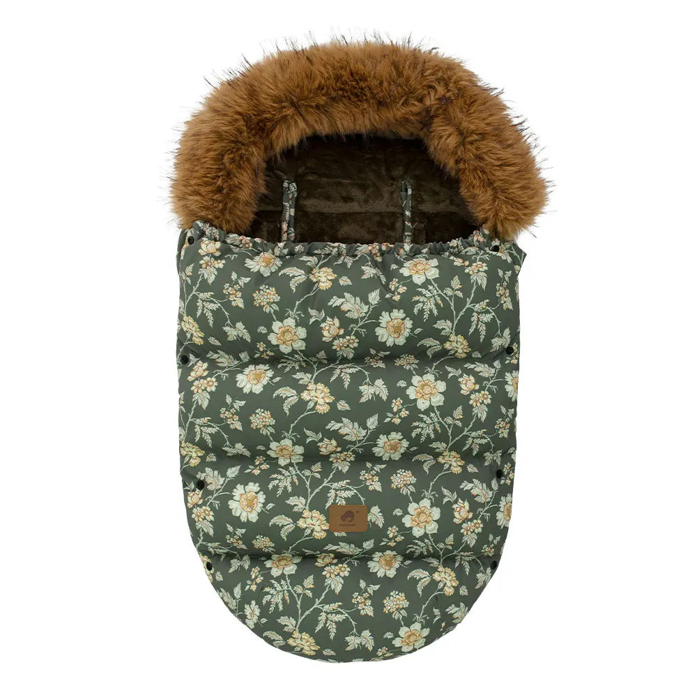 chancelière-bébé-poussette-fleur-vert-capuchon-mamanetmini-maternité-sortie-hiver-froid